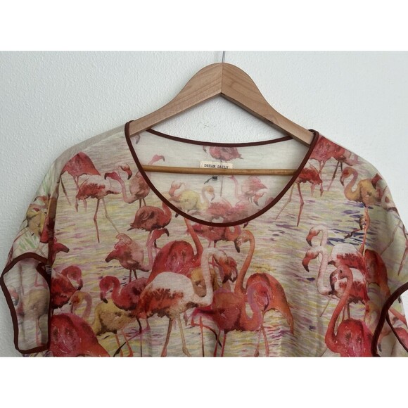 Anthropologie Watercolor Pink Flamingo Dolman Sheer Short Sleeve Top M/L Artsy - Picture 2 of 8